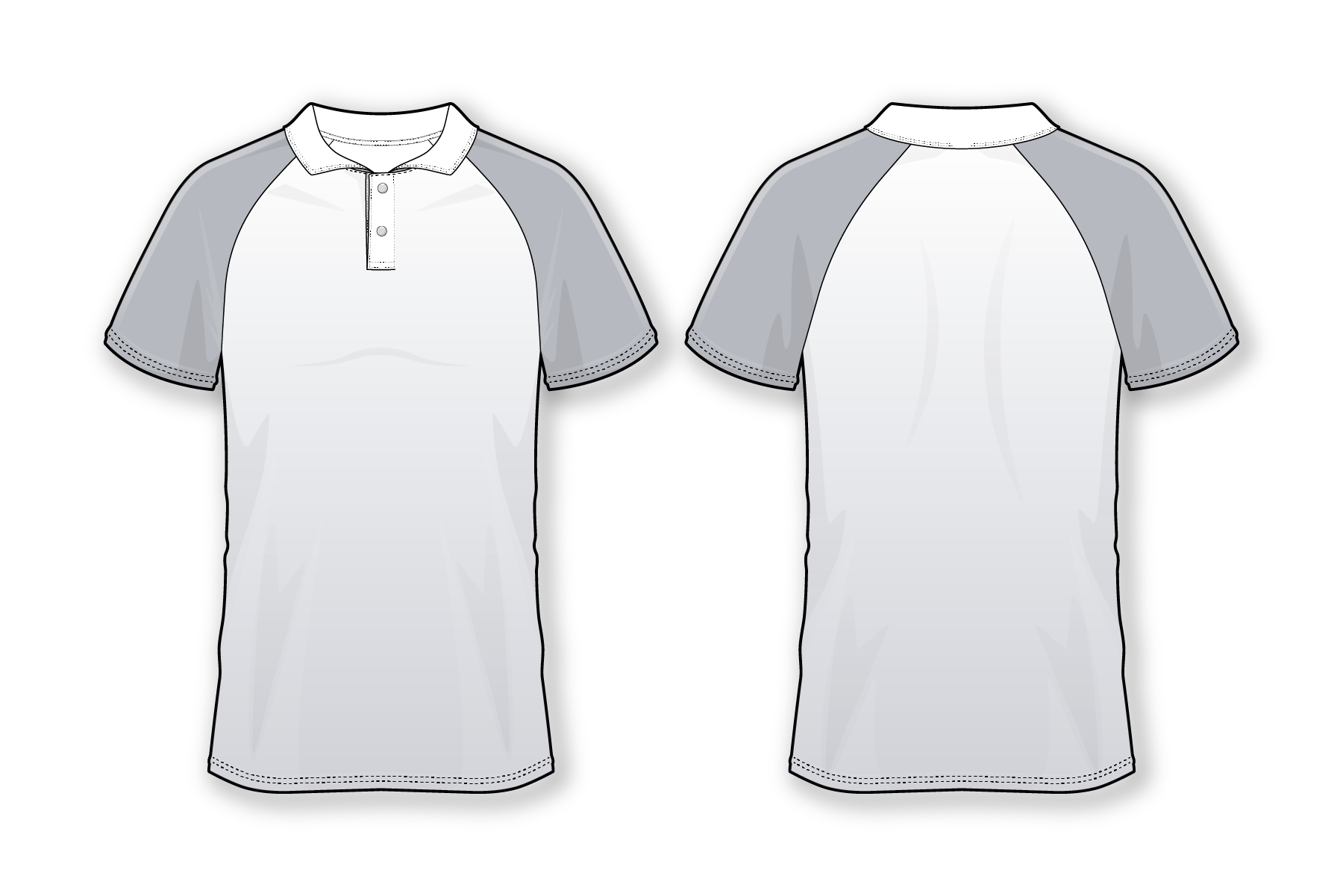 Design for men's athletic polo shirt with short sleeves, featuring a raglan style and available with snaps or buttons.